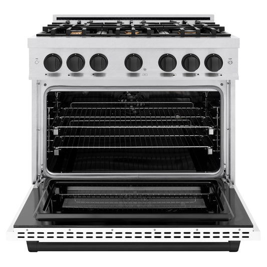 ZLINE 36 in. Dual Fuel Range 5.2 cu. ft. 6 Burner Gas Cooktop Electric Convection Oven Satin Stainless Steel White Matte Door Matte Black Accents (HDRSZ-WM-36-MB)