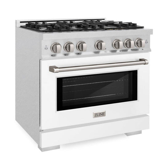 ZLINE 36 in. Dual Fuel Range 5.2 cu. ft. Gas Cooktop with 6 Burners, Electric Convection Oven, Satin Stainless Steel with White Matte Door (HDRS-WM-36)