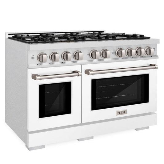 ZLINE 48 in. Dual Fuel Range 6.7 cu. ft. Capacity 8 Burner Gas Cooktop Double Oven Satin Stainless Steel with White Matte Doors (HDRS-WM-48)