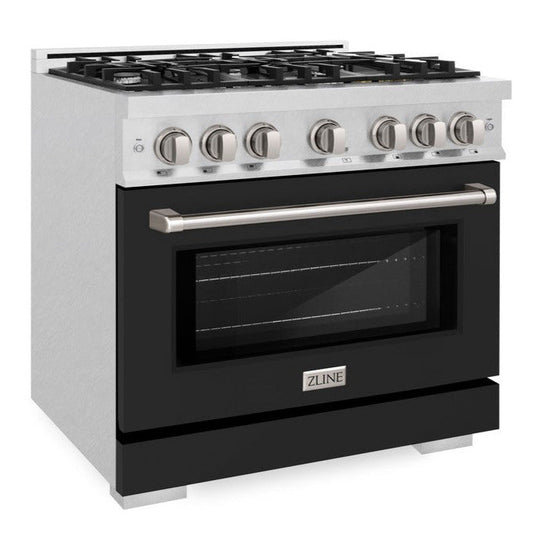 ZLINE 36 in. Gas Range 5.2 cu. ft. 6-Burner Cooktop Convection Oven Satin Stainless Steel with Black Matte Door (HGRS-BLM-36)