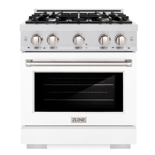 ZLINE 30 in. Gas Range 4.2 cu. ft. 4 Burner Cooktop Convection Gas Oven Satin Stainless Steel White Matte Door (HGRS-WM-30)