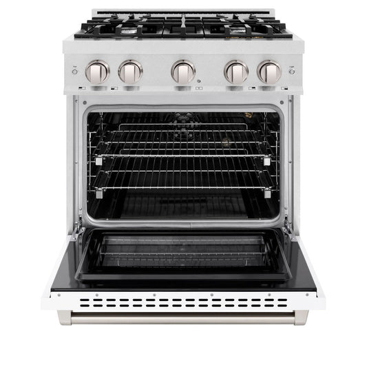 ZLINE 30 in. Gas Range 4.2 cu. ft. 4 Burner Cooktop Convection Gas Oven Satin Stainless Steel White Matte Door (HGRS-WM-30)