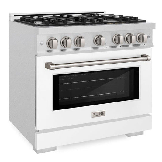 ZLINE 36 in. Gas Range 5.2 cu. ft. Convection Oven with 6 Burner Gas Cooktop, Satin Stainless Steel with White Matte Door (HGRS-WM-36)