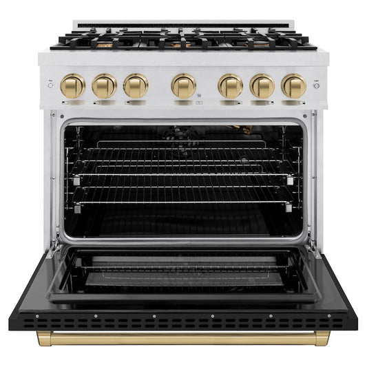 ZLINE 36 in. Gas Range 5.2 cu. ft. 6 Burner Cooktop Convection Gas Oven Satin Stainless Steel with Black Matte Door and Champagne Bronze Accents (HGRSZ-BLM-36-CB)