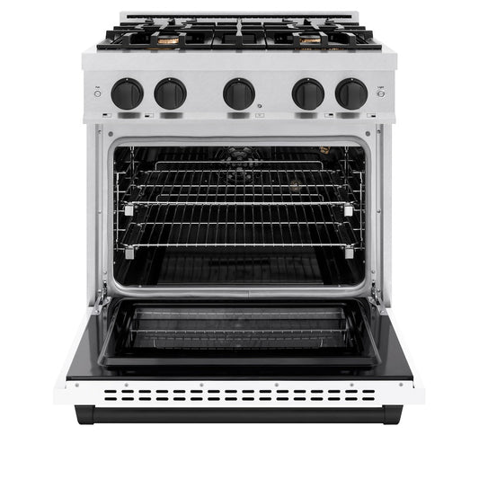 ZLINE 30 in. Gas Range 4.2 cu. ft. 4 Burner Cooktop Convection Gas Oven Satin Stainless Steel with White Matte Door and Matte Black Accents (HGRSZ-WM-30-MB)