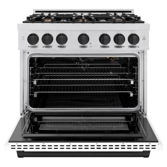 ZLINE 36 in. Gas Range with 6 Burners, 5.2 cu. ft. Convection Gas Oven, Satin Stainless Steel with White Matte Door and Matte Black Accents (HGRSZ-WM-36-MB)