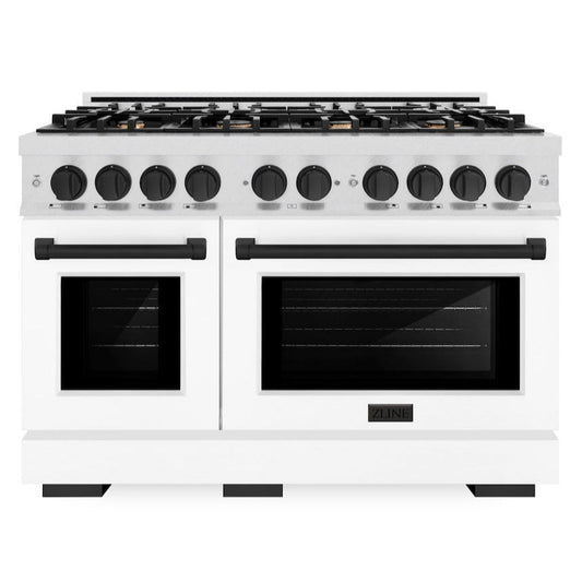 ZLINE 48 in. Double Oven Gas Range 6.7 cu. ft. 8 Burner Cooktop Satin Stainless Steel White Matte Doors Matte Black Accents (HGRSZ-WM-48-MB)