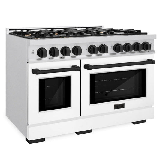 ZLINE 48 in. Double Oven Gas Range 6.7 cu. ft. 8 Burner Cooktop Satin Stainless Steel White Matte Doors Matte Black Accents (HGRSZ-WM-48-MB)