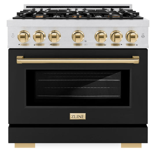 ZLINE 36 in. Select Dual Fuel Range 5.2 cu. ft. – 6 Burner Gas Cooktop, Electric Convection Oven, Satin Stainless Steel with Black Matte Door & Polished Gold Accents (HDRSZ-BLM-36-G)
