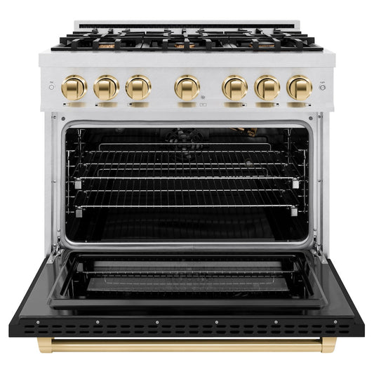 ZLINE 36 in. Gas Range 5.2 cu. ft. 6 Burner Cooktop Convection Gas Oven Satin Stainless Steel Black Matte Door Polished Gold Accents (HGRSZ-BLM-36-G)