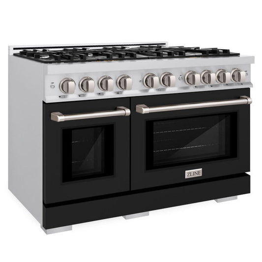 ZLINE 48-Inch Select Double Oven Gas Range with 8 Burners, 6.7 cu. ft., Stainless Steel with Black Matte Doors (HGR-BLM-48)