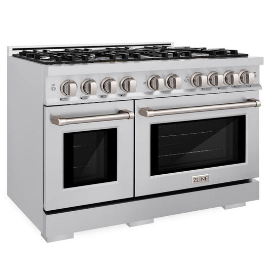 ZLINE 48 in. Dual Fuel Range 6.7 cu. ft. Double Oven with 8 Burner Gas Cooktop in Satin Stainless Steel (HDRS-48)