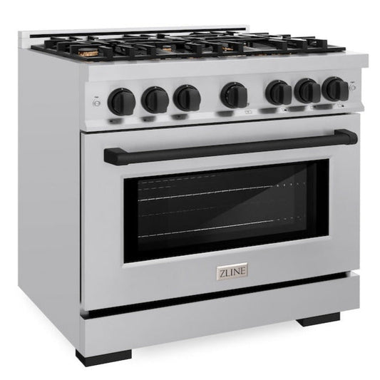 ZLINE 36 in. Dual Fuel Range 5.2 cu. ft. 6 Burner Gas Cooktop Electric Convection Oven Stainless Steel with Matte Black Accents (HDRZ-36-MB)