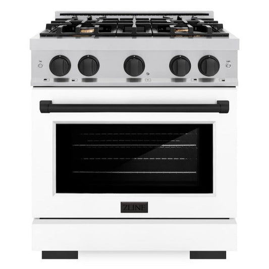 ZLINE 30 in. Select Dual Fuel Range 4.2 cu. ft. Gas Cooktop with 4 Brass Burners, Electric Convection Oven, Satin Stainless Steel with White Matte Door & Matte Black Accents, HDRSZ-WM-30-MB