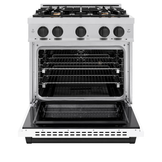 ZLINE Autograph Edition 30 in. Select Dual Fuel Range, 4 Burners, 4.2 cu. ft. Electric Convection Oven, Stainless Steel with White Matte Door & Matte Black Accents (HDRZ-WM-30-MB)