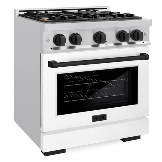 ZLINE 30 in. Select Dual Fuel Range 4.2 cu. ft. Gas Cooktop with 4 Brass Burners, Electric Convection Oven, Satin Stainless Steel with White Matte Door & Matte Black Accents, HDRSZ-WM-30-MB