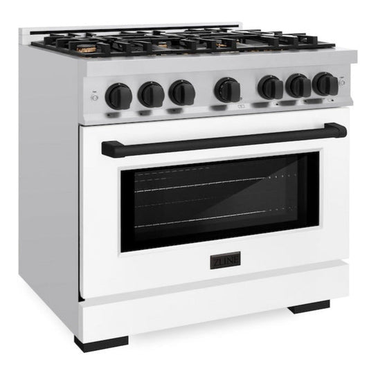 ZLINE 36 in. Dual Fuel Range 5.2 cu. ft. 6 Burners Gas Cooktop Electric Convection Oven Stainless Steel White Matte Door Matte Black Accents (HDRZ-WM-36-MB)