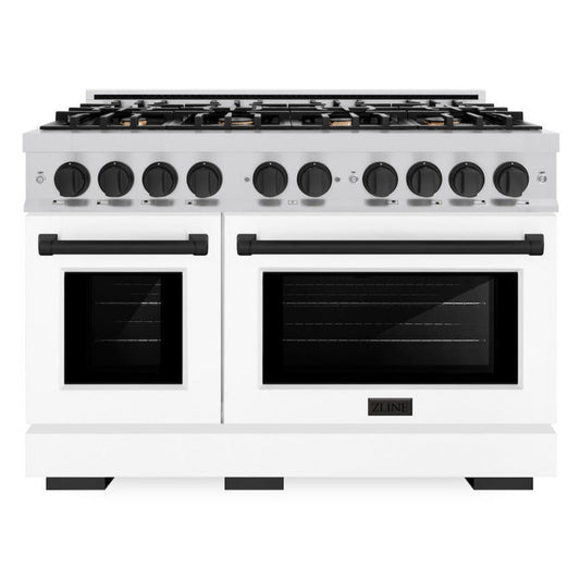 ZLINE Autograph Edition 48 in. Select Double Oven Dual Fuel Range with 8 Gas Burners, 6.7 cu. ft., Stainless Steel with White Matte Doors and Matte Black Accents (HDRZ-WM-48-MB)
