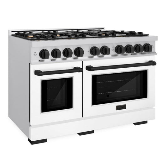 ZLINE Autograph Edition 48 in. Select Double Oven Dual Fuel Range with 8 Gas Burners, 6.7 cu. ft., Stainless Steel with White Matte Doors and Matte Black Accents (HDRZ-WM-48-MB)