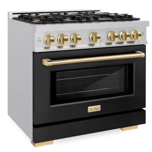 ZLINE 36 in. Dual Fuel Range 5.2 cu. ft. Select Series with 6 Gas Burners, Electric Convection Oven, Black Matte Door, Polished Gold Accents – Stainless Steel (HDRZ-BLM-36-G)