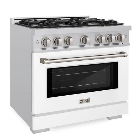 ZLINE 36 in Dual Fuel Range 5.2 cu. ft. 6 Burners Stainless Steel with White Matte Door, MODEL HDR-WM-36