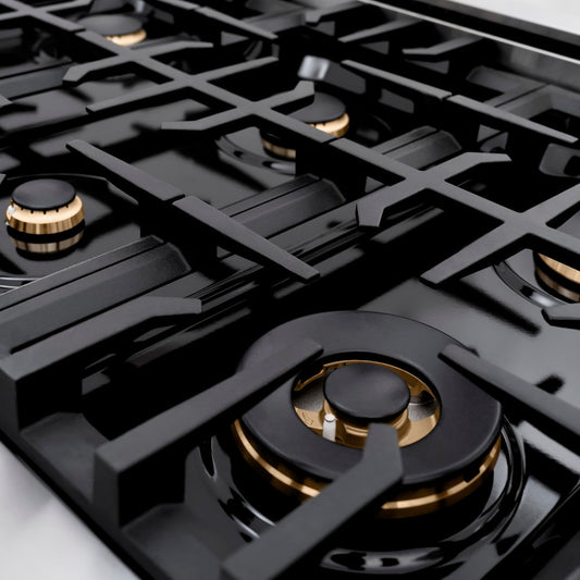 ZLINE 36 in. Gas Range 5.2 cu. ft. 6 Burners Stainless Steel Black Matte Door Champagne Bronze Accents (HGRZ-BLM-36-CB)