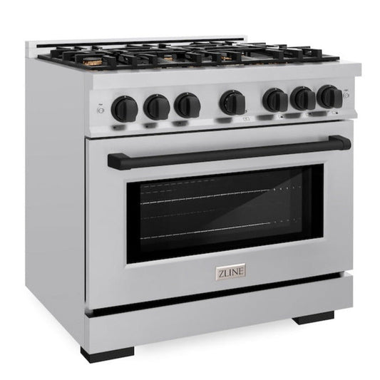 ZLINE 36 in. Gas Range – 5.2 cu. ft. Select Series – 6 Burner Cooktop – Stainless Steel with Matte Black Accents (HGRZ-36-MB)