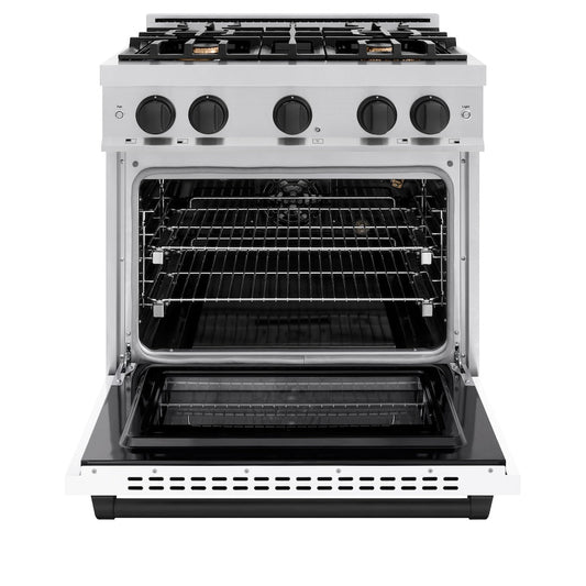 ZLINE Autograph Edition 30 in. 4.2 cu. ft. Select Gas Range with 4 Burners, Stainless Steel with White Matte Door and Matte Black Accents (HGRZ-WM-30-MB)