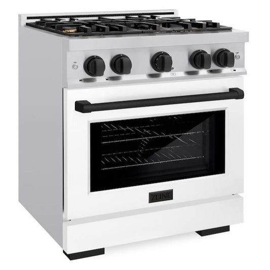 ZLINE Autograph Edition 30 in. 4.2 cu. ft. Select Gas Range with 4 Burners, Stainless Steel with White Matte Door and Matte Black Accents (HGRZ-WM-30-MB)