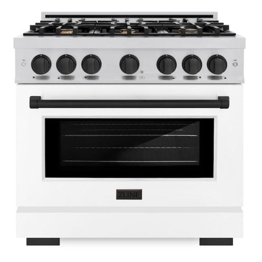 ZLINE Autograph Edition 36 in. Select Gas Range, 5.2 cu. ft. Oven, 6 Burner Cooktop, Stainless Steel with White Matte Door & Matte Black Accents (HGRZ-WM-36-MB)