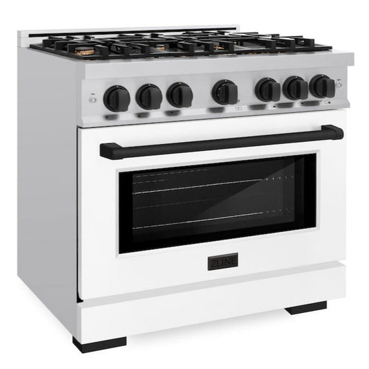 ZLINE Autograph Edition 36 in. Select Gas Range, 5.2 cu. ft. Oven, 6 Burner Cooktop, Stainless Steel with White Matte Door & Matte Black Accents (HGRZ-WM-36-MB)