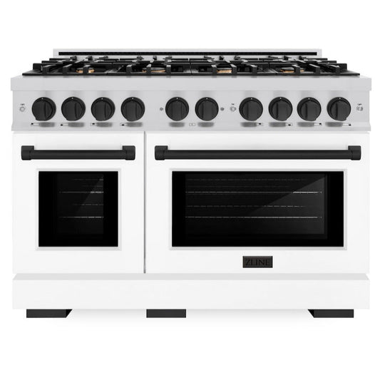 ZLINE Autograph Edition 48 in. Double Oven Gas Range with 8 Burners, 6.7 cu. ft., Stainless Steel with White Matte Doors and Matte Black Accents (HGRZ-WM-48-MB)