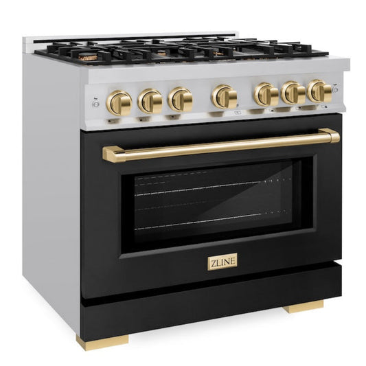 ZLINE 36 in. Gas Range 5.2 cu. ft. 6 Burners Stainless Steel Black Matte Door Polished Gold Accents (HGRZ-BLM-36-G)