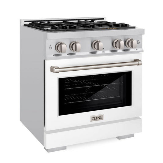 ZLINE Select 30 in. Dual Fuel Range, 4 Burners, 4.2 cu. ft. Electric Convection Oven, Stainless Steel with White Matte Door (HDR-WM-30)