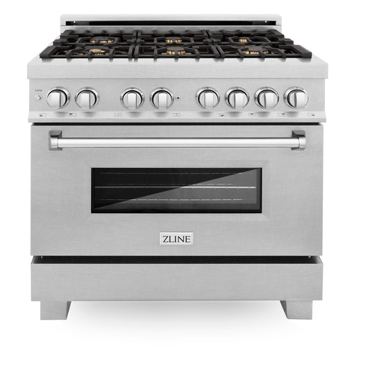 ZLINE 36 in. Legacy Dual Fuel Range with Gas Cooktop, Electric Convection Oven, 6 Brass Burners and Griddle in Satin Stainless Steel, 4.6 cu. ft. (RAS-SN-BR-GR-36)