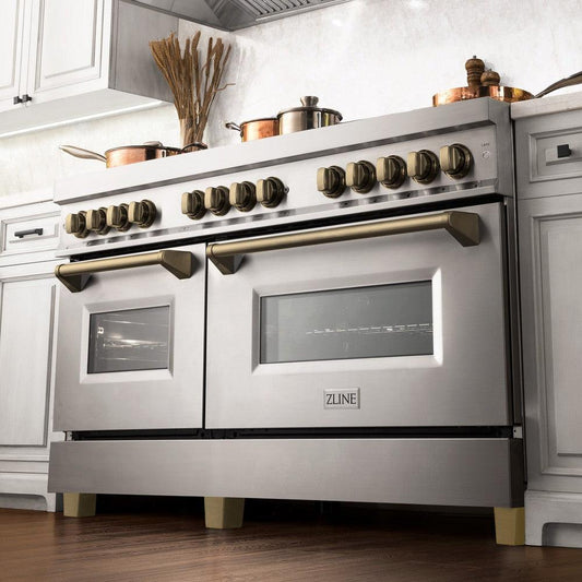ZLINE Autograph 60 in. 7.4 cu. ft. Dual Fuel Range with Gas Cooktop and Electric Convection Ovens in Stainless Steel with Champagne Bronze Accents (RAZ-60-CB)