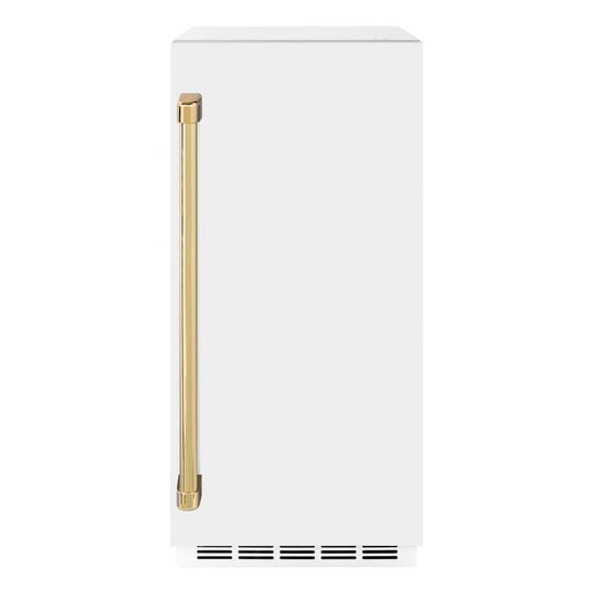 ZLINE Autograph 15" Touchstone Clear Cube Ice Maker with Drain Pump and White Matte Door with Polished Gold Handle, ICCDZ-WM-15-G