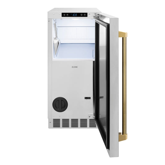 ZLINE Autograph 15" Touchstone Gourmet Ice Maker with Drain Pump and Solid Stainless Steel Door with Polished Gold Helix Handle, IGMDZ-ST-15-KG