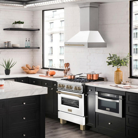ZLINE Autograph 30 in. 4.0 cu. ft. Dual Fuel Range with Gas Cooktop and Electric Convection Oven in Stainless Steel with White Matte Door and Champagne Bronze Accents (RAZ-WM-30-CB)