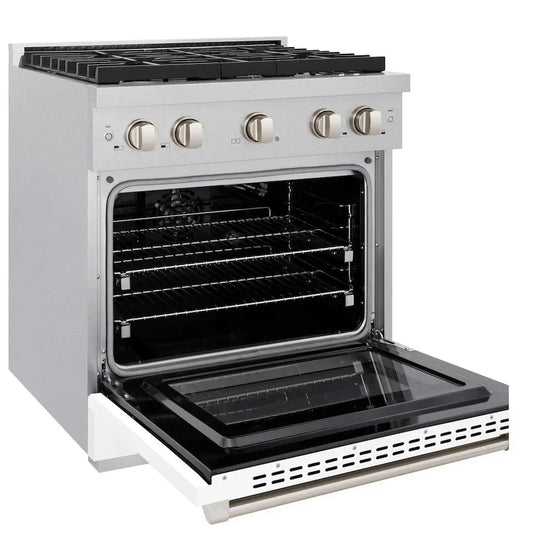ZLINE 30-Inch Paramount Gas Range 4.2 cu. ft. Convection Oven with 4 Burner Cooktop, Satin Stainless Steel with White Matte Door (SGRS-WM-30)