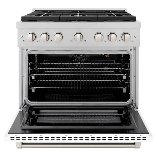 ZLINE  36 in. Paramount Gas Range with 6 Burners, 5.2 cu. ft. Convection Oven, Satin Stainless Steel with White Matte Door (SGRS-WM-36)