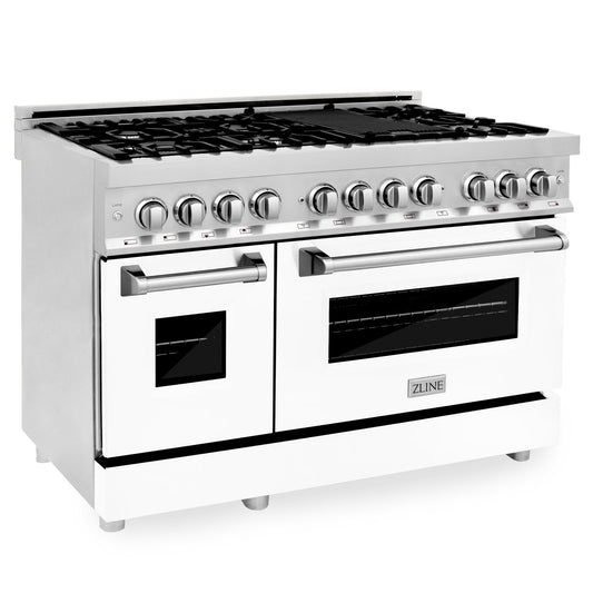 ZLINE 48 in. Legacy Dual Fuel Range, 7 Burner Gas Cooktop with Griddle, Double Electric Convection Ovens, Satin Stainless Steel with White Matte Doors, 6.0 cu. ft. (RAS-WM-GR-48)