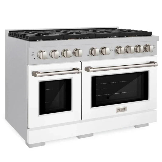 ZLINE 48 in. 6.7 cu. ft. Paramount Double Oven Gas Range with 8 Burners, Convection Oven, Satin Stainless Steel with White Matte Doors (SGRS-WM-48)