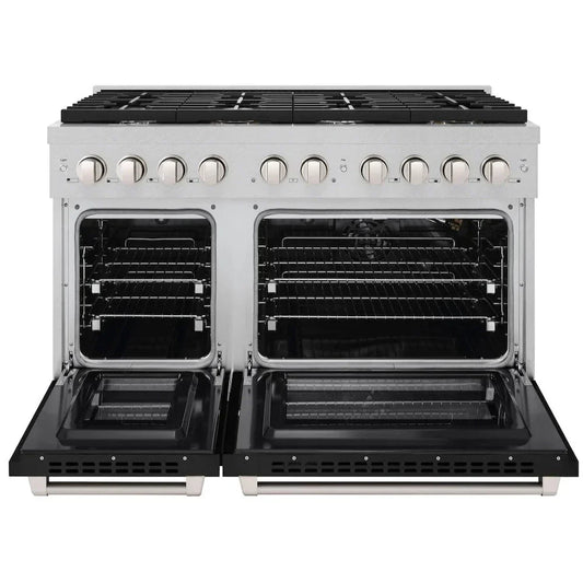 ZLINE 48 in. 6.7 cu. ft. Paramount Double Oven Gas Range with 8 Gas Burners, Satin Stainless Steel with Black Matte Doors (SGRS-BLM-48)