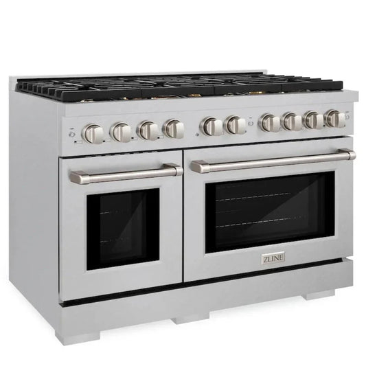 ZLINE 48 in. 6.7 cu. ft. Paramount Double Oven Gas Range with 8 Brass Burners in Satin Stainless Steel (SGRS-BR-48)
