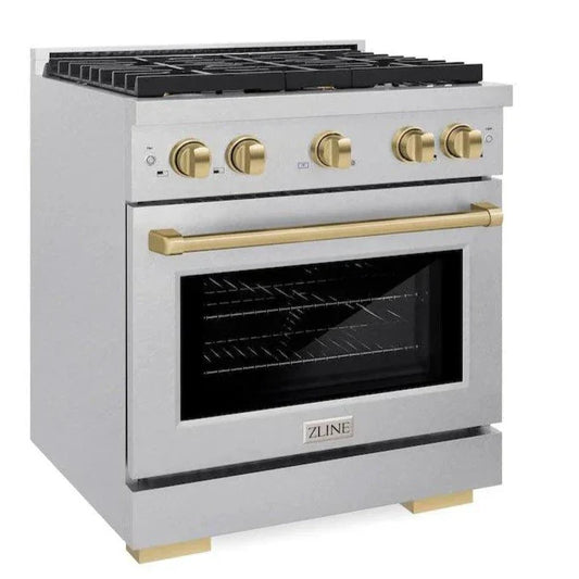ZLINE Autograph 30 in. 4.2 cu. ft. Paramount Gas Range with 4 Burners and Convection Gas Oven in Satin Stainless Steel with Champagne Bronze Accents (SGRSZ-30-CB)