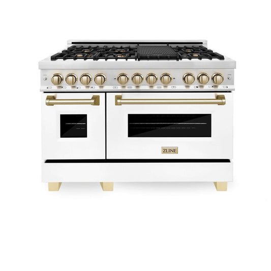 ZLINE Autograph Edition 48 in. 6.0 cu. ft. Dual Fuel Range with Gas Cooktop and Electric Convection Oven, White Matte Door with Polished Gold Accents (RAZ-WM-48-G)
