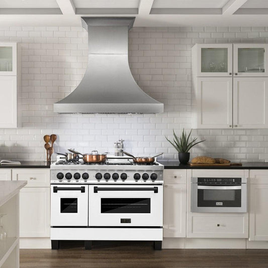 ZLINE Autograph Edition 48 in. 6.0 cu. ft. Dual Fuel Range with Gas Cooktop and Electric Convection Oven in Stainless Steel with White Matte Door and Matte Black Accents (RAZ-WM-48-MB)