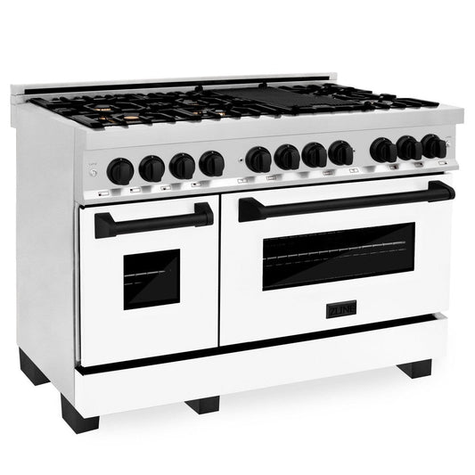 ZLINE Autograph Edition 48 in. 6.0 cu. ft. Dual Fuel Range with Gas Cooktop and Electric Convection Oven in Stainless Steel with White Matte Door and Matte Black Accents (RAZ-WM-48-MB)