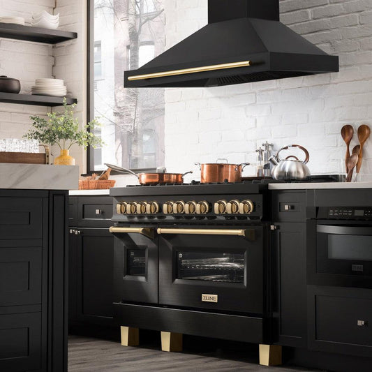 ZLINE 48 in. Wall Mount Range Hood Black Stainless Steel Champagne Bronze Handle Autograph Edition (BS655Z-48-CB)